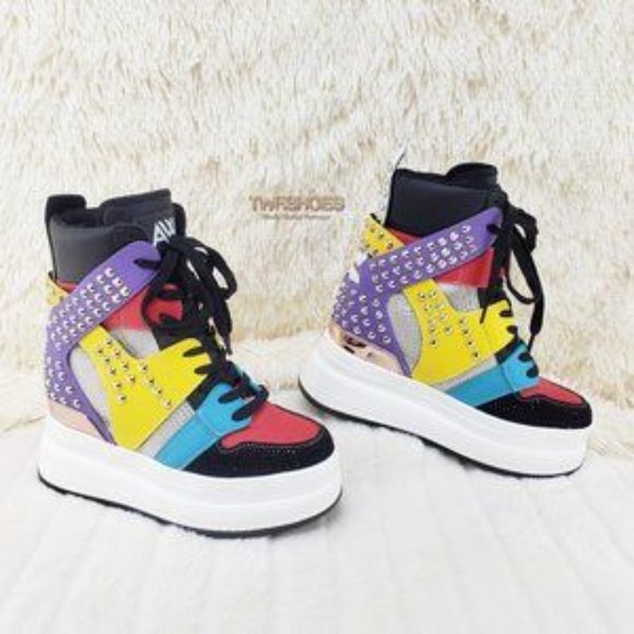 Quince Hidden Wedge Platform Punk Designer Sneakers Black Multi Rhinestones - Picture 4 of 7